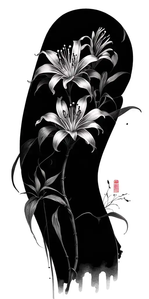 Spider Lily Tattoo Sleeve ConceptStyle: Dark, Ethereal, Japanese Irezumi-inspired with a modern twist  Color Palette:  tattoo design idea