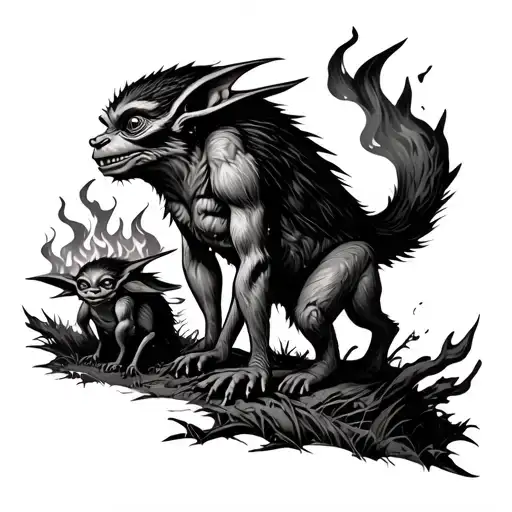 burning gremlins lost in forest scene tattoo design idea