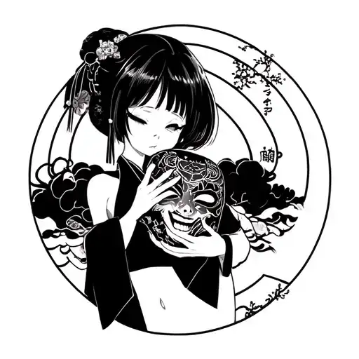 anime girl holds a japanese mask in her hand, covers her chest with her hand, eyes and mouth half open tattoo design idea