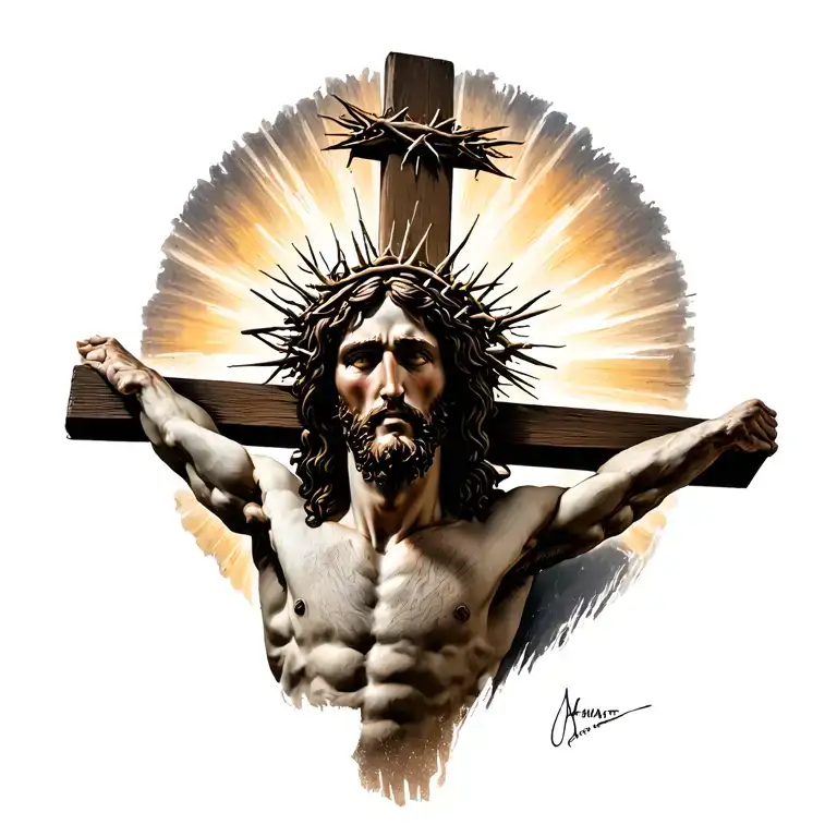 Jesus Christ nailed to the cross, with a thorn crown, light rays beaming from Him tattoo design idea