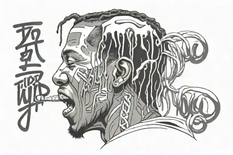 Astroworld ROLLERCOASTER travis scott face, mouth open, with ASTROWOLRD colored written tattoo design idea