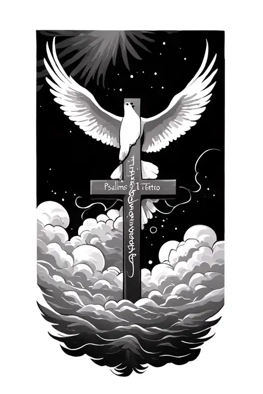Give me a tattoo sketch of a forearm tattoo with psalms 91:7-16 NIV and clouds and a dove a a cross tattoo design idea