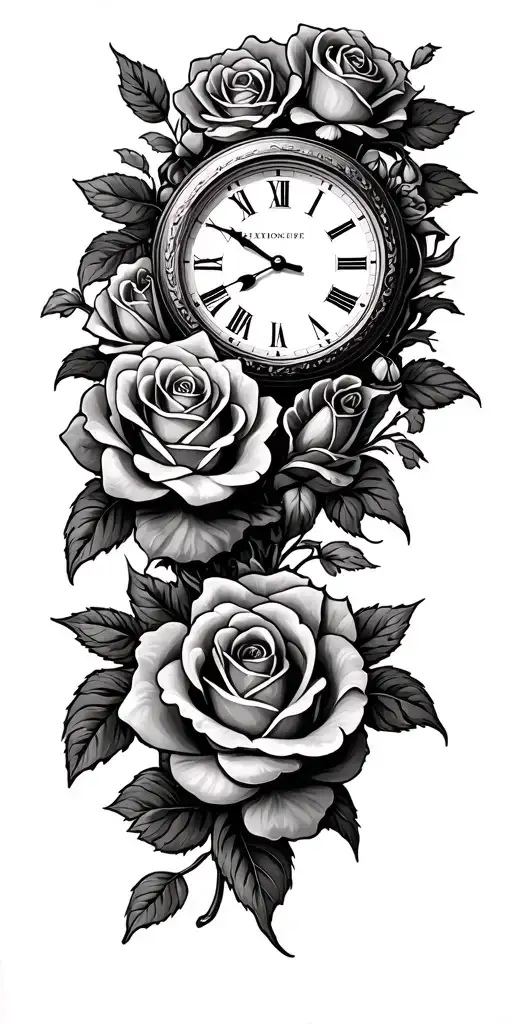 banner, roses, time clock, tattoo design idea