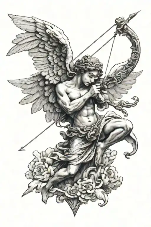 small angel shooting arrow love and trust the process writting with clouds and a italian sculpture tattoo design idea