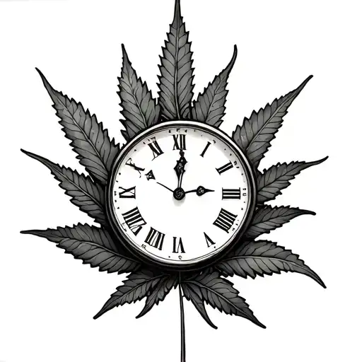clock and weed leaf tattoo design idea