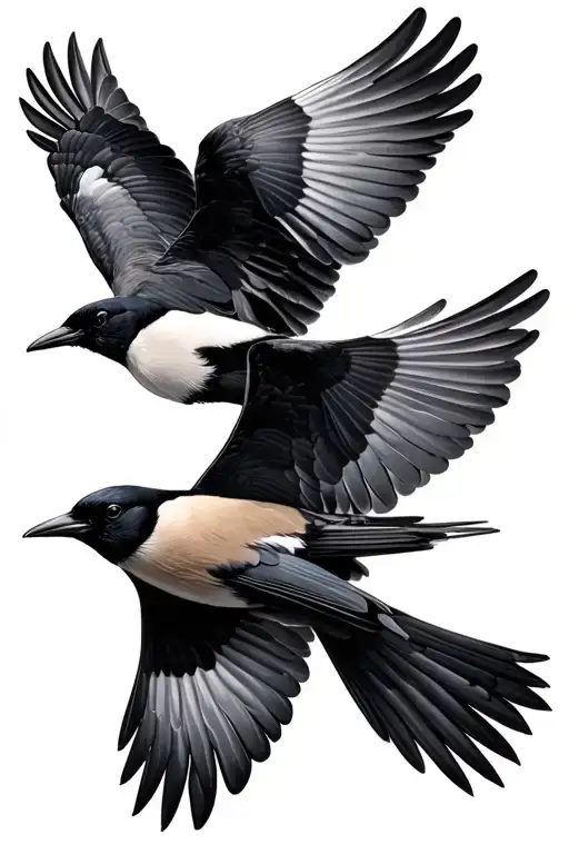 2 photorealistic magpies in flight tattoo design idea
