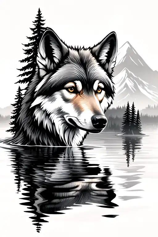 a little wolf reflected as an adult in water and with trees and a mountain in the background tattoo design idea