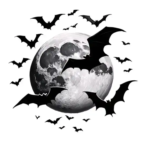 moon with bats flying around tattoo design idea
