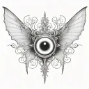 seraphim, 6 large bat wings, large demon eye in the centre, gothic tattoo design idea