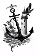 black seawoman, anchor, Compass rose, bird, lighthouse tattoo design idea