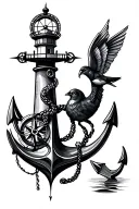 black seawoman, anchor, Compass rose, bird, lighthouse tattoo design idea