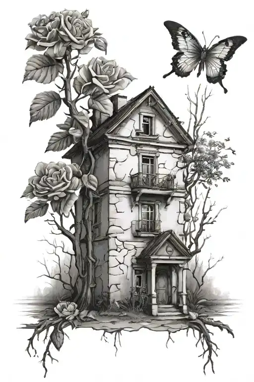 Abandoned Stalin-era house, roses, tree roots tattoo design idea