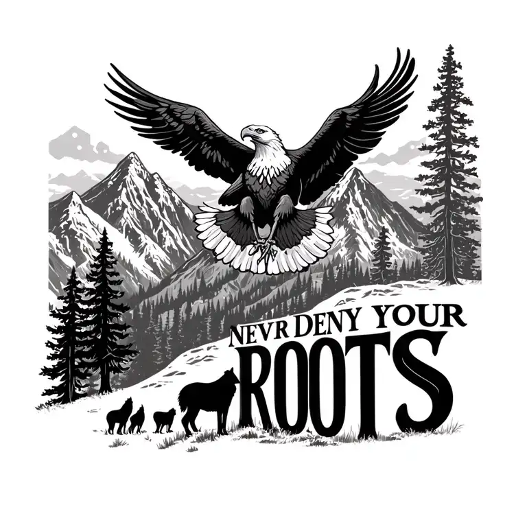 "NEVER DENY YOUR ROOTS" an eagle on top of mountains, some wolves, trees, the rozafa castle silhouette  tattoo design idea