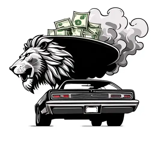 A car with smoke coming out of the exhaust pipe, with a lion's head on the hood and a pile of money on the roof tattoo design idea