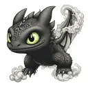 Toothless, from How To Train Your Dragon, but represented as a swirling smoke tattoo design idea