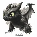 Toothless, from How To Train Your Dragon, but represented as a swirling smoke tattoo design idea