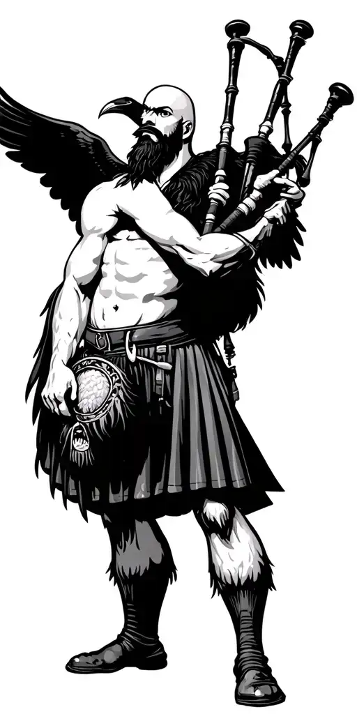  hairy shirtless bagpiper big black wings on bac muscular playing the bagpipes bald with  black beard k crow with claws  tattoo design idea