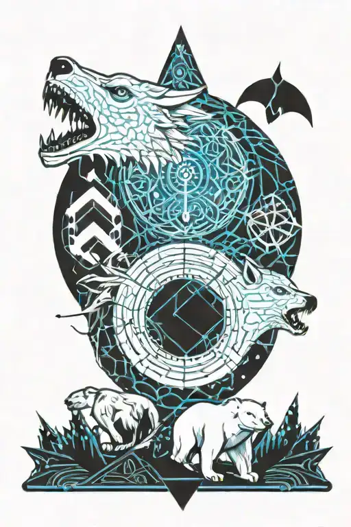 Trident centered, dragon on the right, polar bear on the left, blue waves, half sleeve forearm tattoo design idea