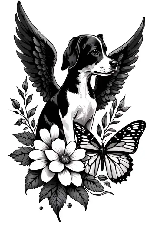 Angel, dog, souci flower and a butterfly tattoo design idea