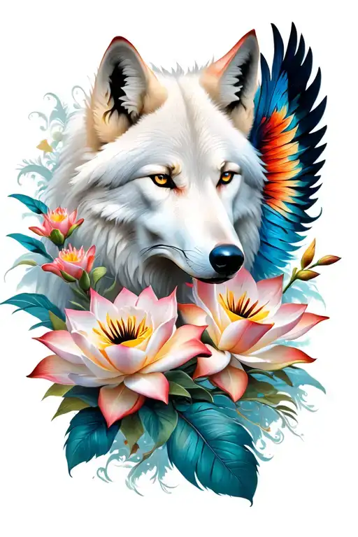 white wolf, roses, phoenix feather, lilies and lotuses tattoo design idea