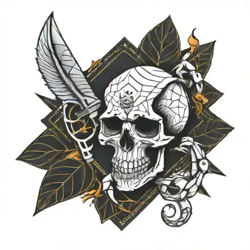 scorpion and skull with knife surrounded tattoo design idea