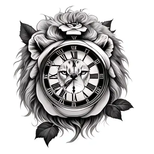 rose time clock lion tattoo design idea