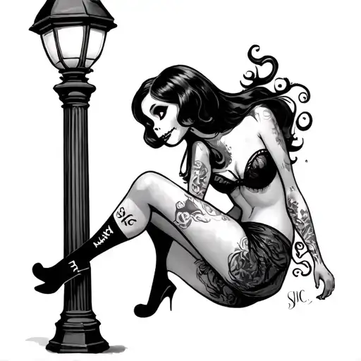 sexy pin up sally from nightmare before Christmas leaning on a light post with the initial SJC in her socks tattoo design idea