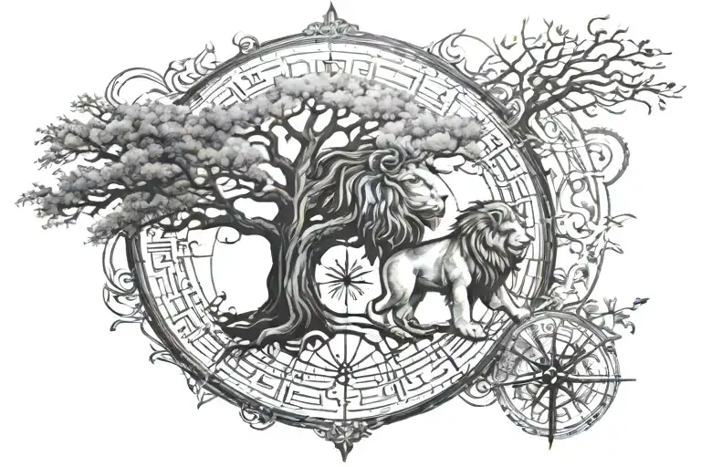 Tree of life with a lion in front, and incorporate a compass to show my kids are my way of life tattoo design idea
