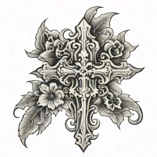 evil cross with dead flowers tattoo design idea
