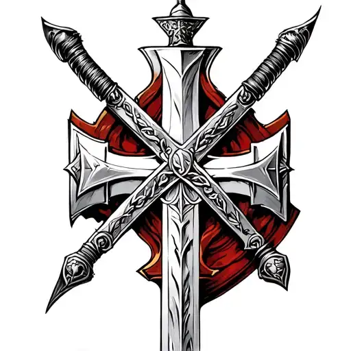 Jerusalem Cross Tattoo, incorporate a Knights Templar Red Cross Sword/Knights Templar Sword with Sheath/Templar Warrior  tattoo design idea