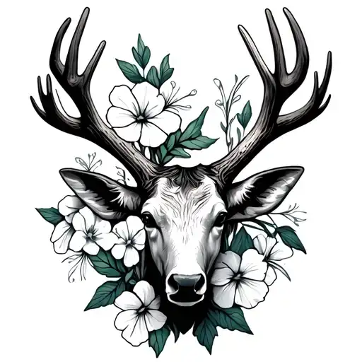 elk antler with primrose and larkspur flowers intertwined tattoo design idea