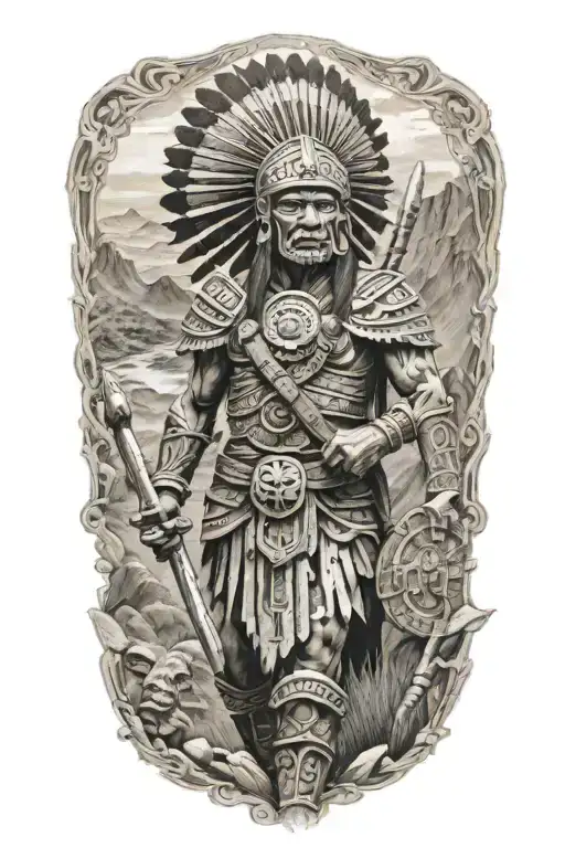 Historical Aztec warrior in a mountain landscape tattoo design idea