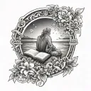 A celestial scene with a god-like figure reading a book under a beach sunset, surrounded by flowers tattoo design idea