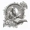 A celestial scene with a god-like figure reading a book under a beach sunset, surrounded by flowers tattoo design idea