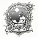 A celestial scene with a god-like figure reading a book under a beach sunset, surrounded by flowers tattoo design idea