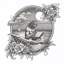 A celestial scene with a god-like figure reading a book under a beach sunset, surrounded by flowers tattoo design idea