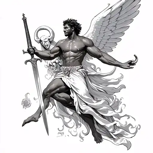 African American male version of Michael the  arch angel defeating Lucifer hold sword towards the sky tattoo design idea