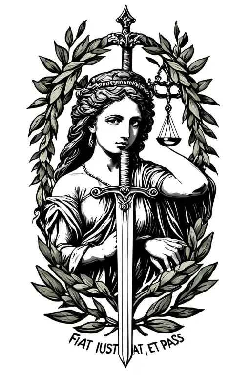Femis with Libra and Sword inside a laurel wreath, around which is the inscription "Fiat Iustitia, et pass" tattoo design idea