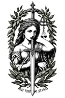 Femis with Libra and Sword inside a laurel wreath, around which is the inscription "Fiat Iustitia, et pass" tattoo design idea
