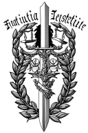 Femis with Libra and Sword inside a laurel wreath, around which is the inscription "Fiat Iustitia, et pass" tattoo design idea