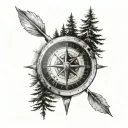 tree line with a compass in foreground and actually arrows in the compass and the time  pointing at 12:52am tattoo design idea