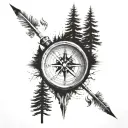 tree line with a compass in foreground and actually arrows in the compass and the time  pointing at 12:52am tattoo design idea
