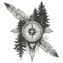 tree line with a compass in foreground and actually arrows in the compass and the time  pointing at 12:52am tattoo design idea
