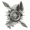 tree line with a compass in foreground and actually arrows in the compass and the time  pointing at 12:52am tattoo design idea