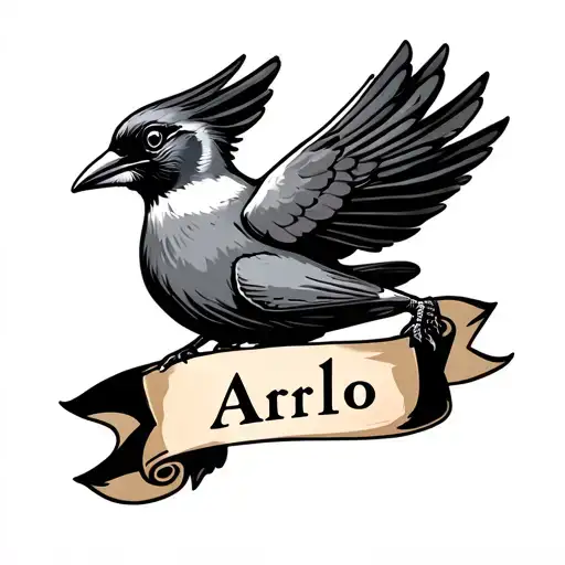 trad swallow tattoo, swallow holding banner with the name "Arlo" in it tattoo design idea