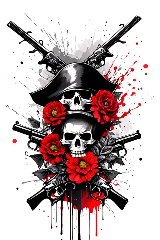 skulls, flowers, guns, pirate tattoo design idea