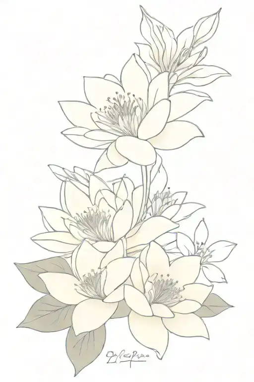 waterlily with peony and larkspur flower bouquet tattoo design idea
