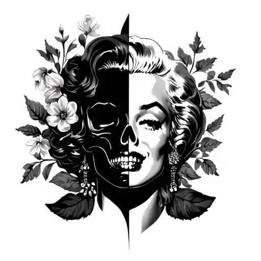Half skull half Marilyn Monroe face with flowers growing tattoo design idea