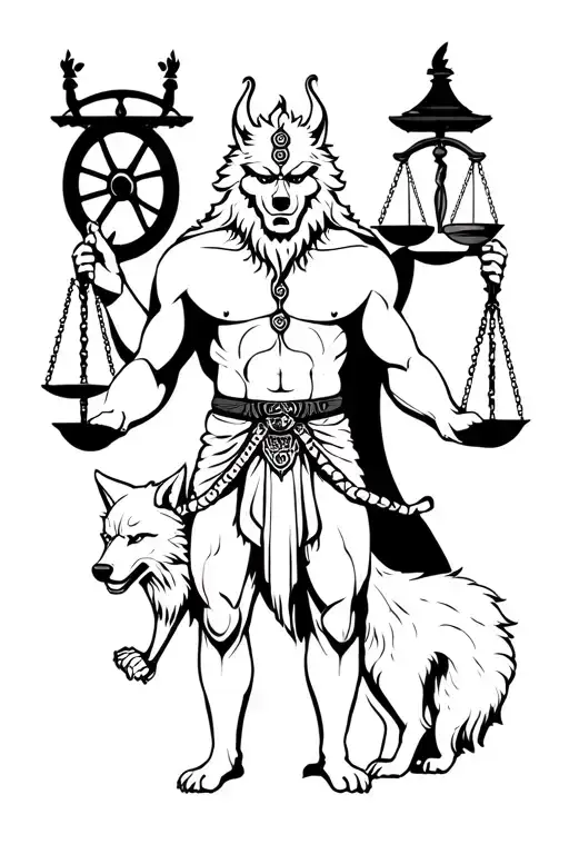 kal Bhairav standing with white wolf. driving wheel, bong, lighter and scale of justice on four hands  tattoo design idea