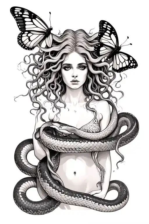 medusa full body with snakes trying to catch a butterlfy in black and grey tattoo design idea